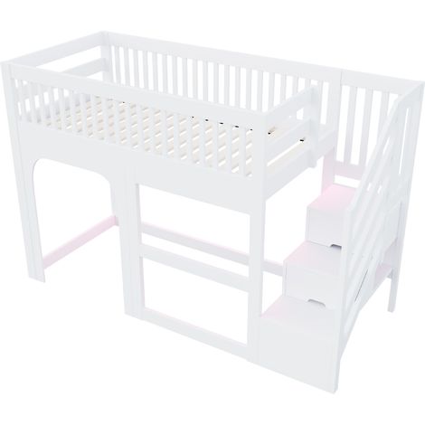 Letto a soppalco basso per bambini 90x200 cm in legno con scala contenitore e LED bianco (1/5)