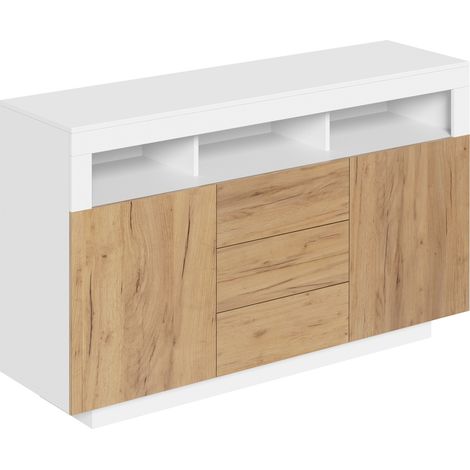 Madia moderna con 3 cassetti e 2 ante, 140 x 40 x 85 cm, bianco e naturale, HOMVRA (1/5)