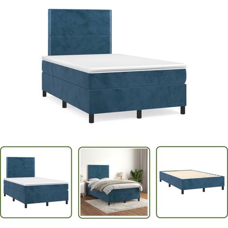 The Living Store Sommier à lattes de lit et matelas bleu foncé 120x190cm velours - Lit Tapissier - Lit Velours - Lit Double - Literie - Chambre À Coucher (1/5)