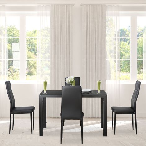 Set da pranzo composto da tavolo e 4 sedie, 5 pezzi, tavolo rettangolare in vetro temperato e sedie imbottite in PU, nero.