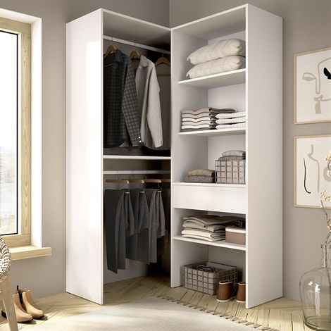 Großer Kleiderschrank Bandon, Schlafzimmer-Schrank, modular, 5 Regale, Kleiderstange, 88x185h cm, Weiß (1/5)