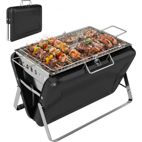 Barbecue affumicatore a carbone in acciaio inox con griglia, maniglia e gambe pieghevoli, ideale per campeggio e grigliate, 40 x 28 x 25,5 cm, nero.