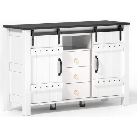Buffet en bois MDF blanc avec 2 portes coulissantes et 3 tiroirs, 120 x 40 x 80 cm, meuble de rangement multifonction pour cuisine et salon (1/5)