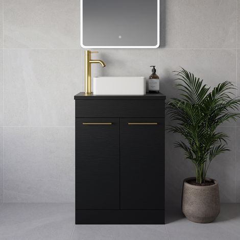 Napoli 390 Nero Oak 600mm 2 Door Vanity Unit for Countertop Basins - 600mm - Brushed Brass 160mm Handle