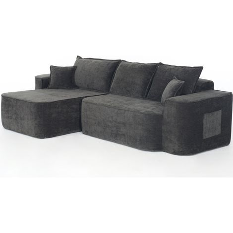 Divano angolare a L modulare in ciniglia nera 262 cm con chaise longue, senza montaggio (1/5)