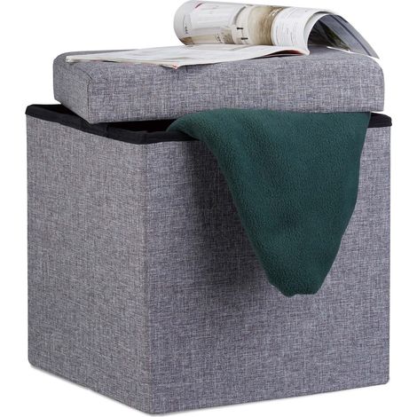 Relaxdays Folding Ottoman 38 x 38 x 38 cm Storage Chair, Footstool Pouf Box Cube, Removable Lid, Dark Grey (1/5)