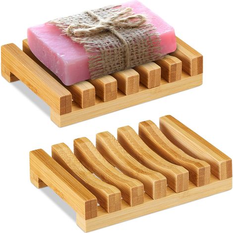 Porte-savon bambou, lot de 2, grille, résiste à l’humidité, support pour savonnette solide, H x L: 11,5 x 8,5 cm, nature (1/5)