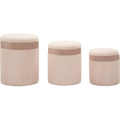 Set 3 Pouf Contenitore Cortina Rosa - Set 3 pezzi in MDF e tessuto con spazio interno, design moderno, pratico e salvaspazio