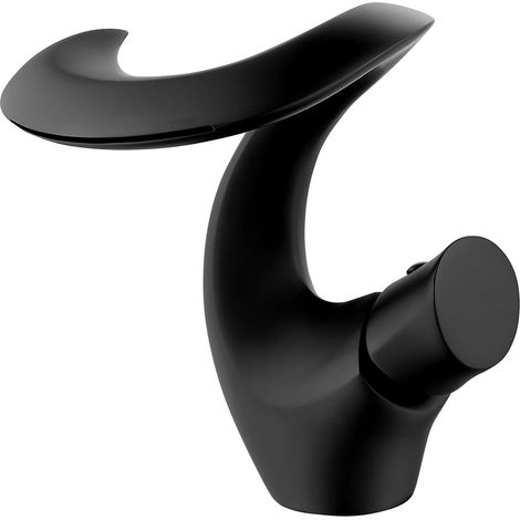 Grifo de baño cascada negro mate - Grifo mezclador de lavabo de latón moderno y elegante - Agua caliente y fría