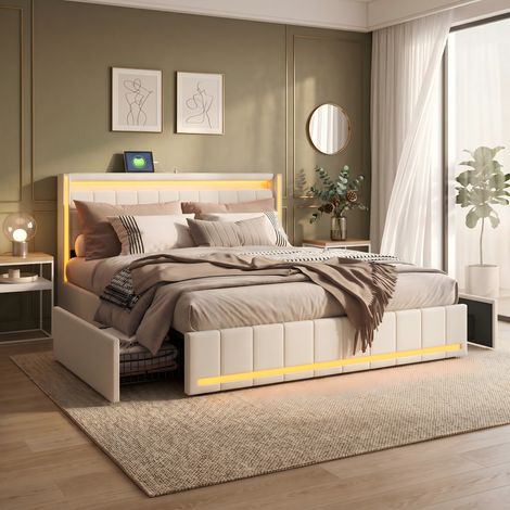 SYEKLAOO Lit avec Sommier LED et USB,lit Double rembourré avec sommier à Lattes et 4 Tiroirs,lit 2 Personnes pour Adultes et Adolescents,Lin- Beige -180 x 200cm (1/5)