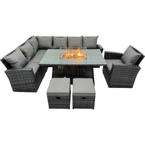 Fimous Dos haut Ensemble de meubles de jardin en rotin s Table avec foyer à gaz Canapé d'angle Petit tabouretn Fauteuil 9 places (1/5)