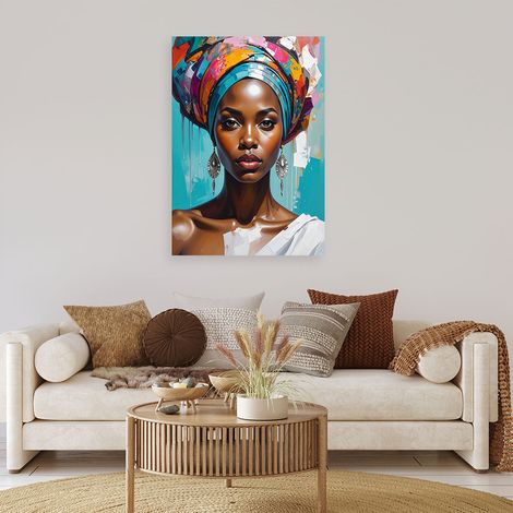 Wandbild Farbenfrohes Porträt einer Frau im afrikanischen Stil moderne ethnische Dekoration mit Turban 70x100 (1/4)