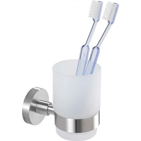 Wenko 19615100 Bicchiere Portaspazzolini Con Supporto Uno Bosio Satinato, Acciaio Inossidabile, 7 X 9.5 X 10.5 Cm, Opaco