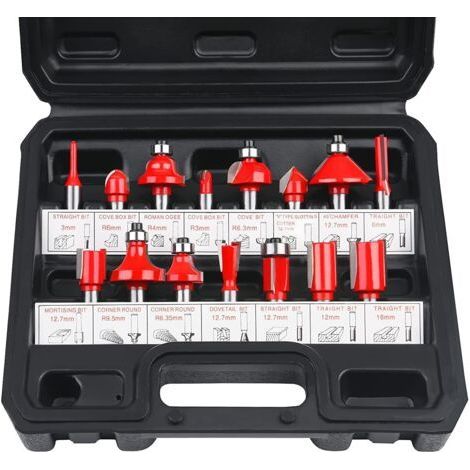 Fraises Defonceuse 6.35mm, Coffret de 15 Fraises à Rainurer Droites, Coupe-outils pour Travail Bois à Pointe en Carbure de Tungstène, Mèches à Bois Professionnelles, Tige Forets en Acier Forgé (1/4)