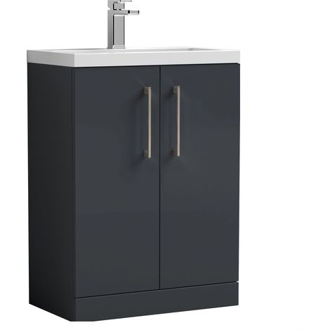 Balterley Bramshall Compact Bathroom Cloakroom Vanity Basin Unit with Polymarble Basin, Brushed Pewter Handles, 600mm, Satin Dark Grey