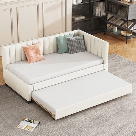 Polsterbett 90x200 mit ausziehbarem Gästebett und Lattenrost, multifunktionales Tagesbett Schlafsofa für Jugendzimmer, Samtstoff Beige (1/5)