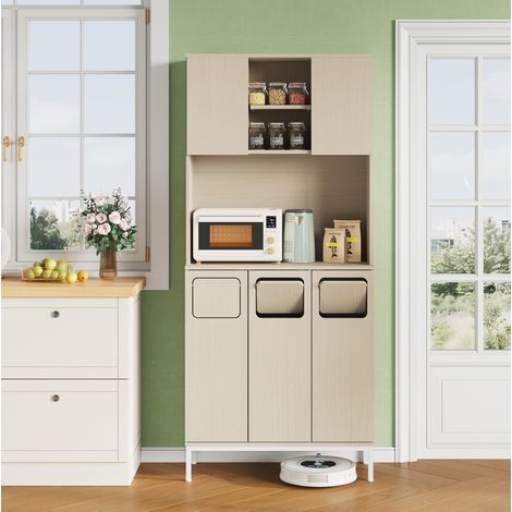 Armoire de cuisine 80x35x181 cm blanc en MDF avec 3 portes, niche micro-ondes et espace pour aspirateur robot (1/5)
