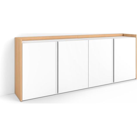 Skraut Home - Credenza, Mobile, Cucina, Madia, mobile ingresso, 207x35x80cm, 4 Porte, grande stoccaggio, Stile moderno, Bianco e Rovere soft (1/5)