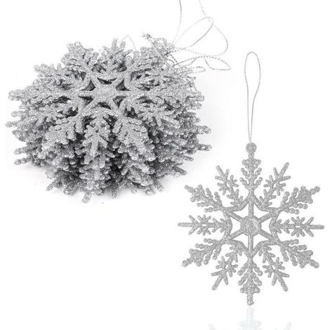 12 Stück Weihnachts-Schneeflocken-Anhänger, 10 cm, hängende Dekorationen, Christbaumschmuck – Silber