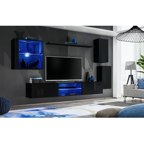 Ensemble meuble TV mural Switch XXIII - L 250 x P 40 x H 140 cm - Noir - Livraison gratuite