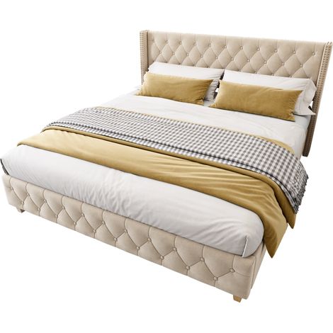 Lit Adulte 160×200 cm, Lit Double en Velours avec Tête de Lit Capitonnée et Clous, sans Matelas, Beige Clair (1/5)