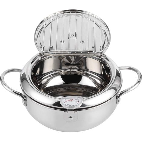 Friteuse avec thermomètre, friteuse en acier inoxydable 304 avec égouttoir à huile pour chips tempura, frites, poisson et poulet (taille L, 24 cm) (1/5)