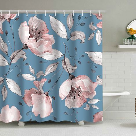 Duschvorhang (150 x 180 cm) mit Blumen- und Blattmuster, Aquarell-Blumenmuster in Pastellfarben, wasserdichtes Polyestergewebe für Badezimmer, inklusive 12 Haken