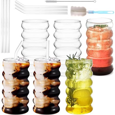 Lot de 6 verre à bulles nervurés de 450 ml avec pailles, verres à café glacé avec pinceau (1/5)