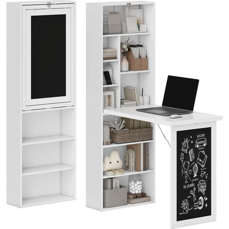 Bureau mural pliant avec espace de rangement, étagère ajustable et tableau en ardoise pour poste de travail compact (1/5)