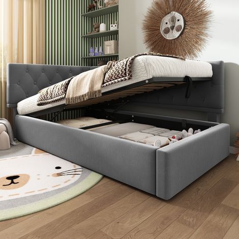 Bett Daybed modern 90x190 cm Samt Grau, L-Form, reversibles Kopfteil, hydraulischer Stauraum, Lattenrost (1/5)
