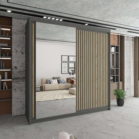 Sliding Wardrobes 4U Modern Sliding Mirror Wardrobe in Multiple Sizes & Colours - Grey 150cm with Oak Strip