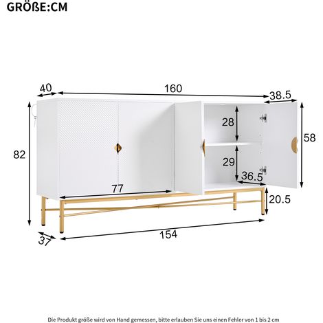 Buffet blanc 160cm à effet relief, armoire 4 portes avec poignées dorées brossées et pieds laqués brillants, 160x40x82cm