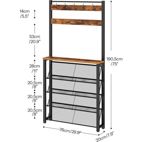 Sturdy Metal Frame Coat Rack with 9 Hooks & 5 Tier Slanted Shoe Storage Shelves, Narrow Coat Stand Organizer for Hallway and Entryway (1/5)
