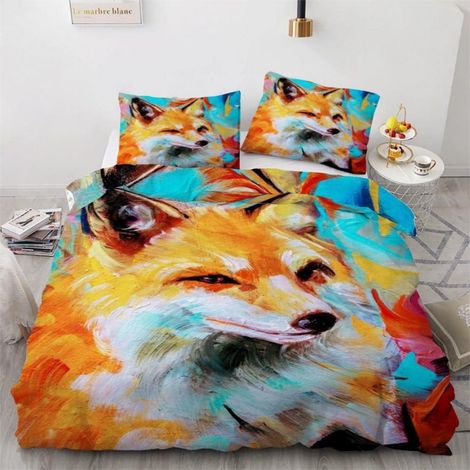 Bettwäsche-Set 200x200 cm mit 2 Kissenbezügen 80x80 cm, Fuchs-Motiv, 3D-Druck, Mikrofaser