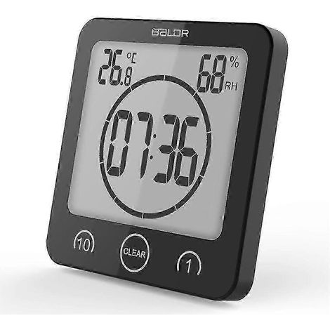 Horloge de salle de bain, réveil de douche, horloge numérique, minuteur étanche pour salle de bain et cuisine, avec thermomètre et hygromètre, gris. (1/3)