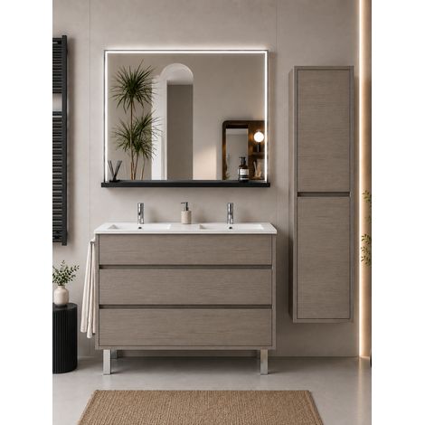 Meuble de salle de bain avec vasque ORIGENBATH IMPERIA sans miroir 120x45 cm double vasque chêne smoky avec colonne