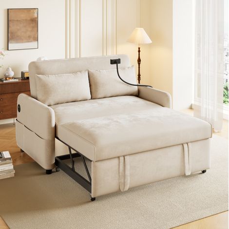 Sofá cama convertible 129x76x81 cm beige en chenilla con respaldo ajustable, USB y portamóvil (1/5)