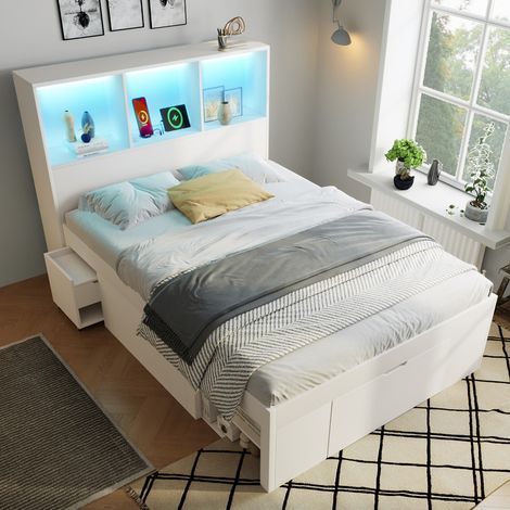 Lit 90x200 cm avec sommier à lattes et LED et chargement USB-C,lit coffre 90x200,cadre de lit 1 personne avec rangement de tiroirs,lit adulte,blanc,avec table de chevet mobile (1/5)