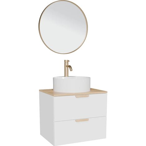 Meuble de salle de bain suspendu avec vasque à poser ronde, robinet et miroir – Blanc – L60 cm – AVORELI (1/5)