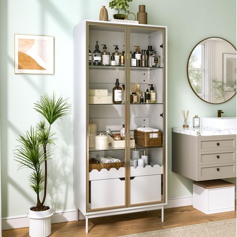 REDOM Hochschrank 75x35x170.8 cm, höhenverstellbare Regale, Glasfach und Schublade, Wellenblende, MDF, Gold Weiß (1/5)