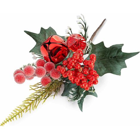 Rametti pick natalizi di agrifoglio con bacche rosse, diamante e campanella, set da 18 pezzi, cm 15 H (con gambo 25)