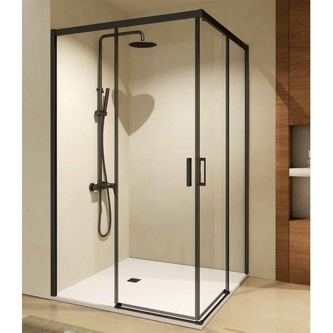 Mampara Ducha Rectangular 2 Fijos + 2 Puertas Corredera  Vidrio 6mm Antical  Altura 195cm  Perfil Negro Mate 110cm (adaptable 107,50-110) x 80cm (1/4)