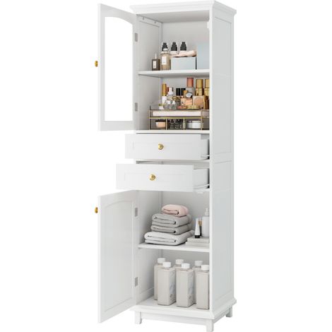 Badezimmerschrank mit 2 Türen, 2 Schubladen und Verstellbarem Einlegeboden, aus MDF und Glas, Weiß, 45×36×160 cm (1/5)