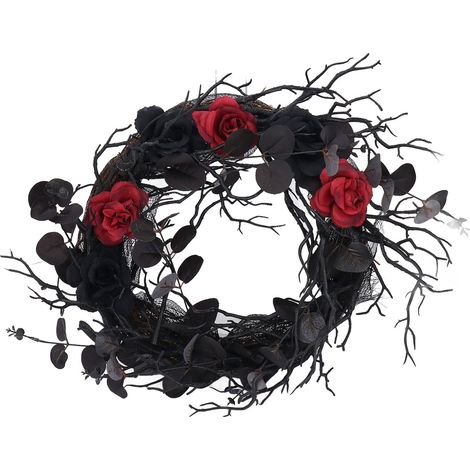 Halloween-Türkranz aus künstlichen, schwarzen ABS-Zweigen mit roten Blüten – Dekorationselement (1/5)
