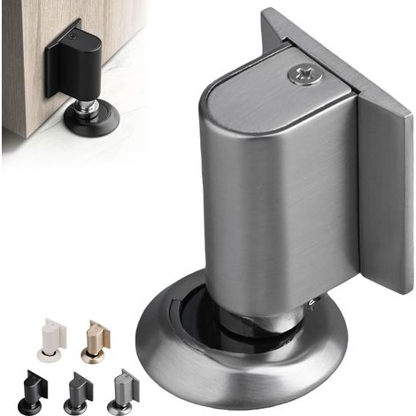 Tope magnético para puertas con tornillos y adhesivo, de alta resistencia, con soporte inferior en forma de cuña para mantener la puerta abierta (gris). (1/5)
