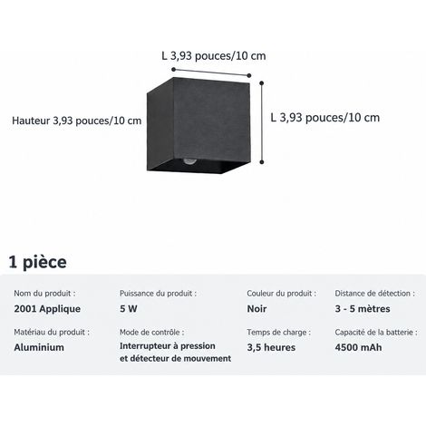Applique murale LED rechargeable magnétique 4400 mAh avec détecteur de mouvement noir réf 8683 10,5 × 10,5 × 10,5 cm 660 g – Livraison gratuite