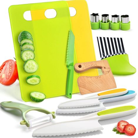 Lot de 13 couteaux cuisine enfants bois plastique sans danger planche éplucheur emporte-pièces (1/5)