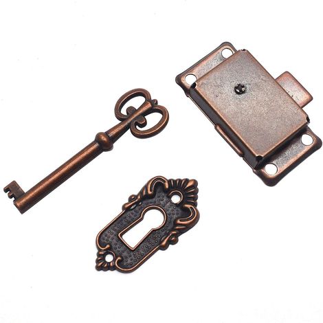 Serrure décorative de porte d'armoire vintage avec clé et vis pour armoire, boîte à outils, couleur cuivre rouge (1/5)