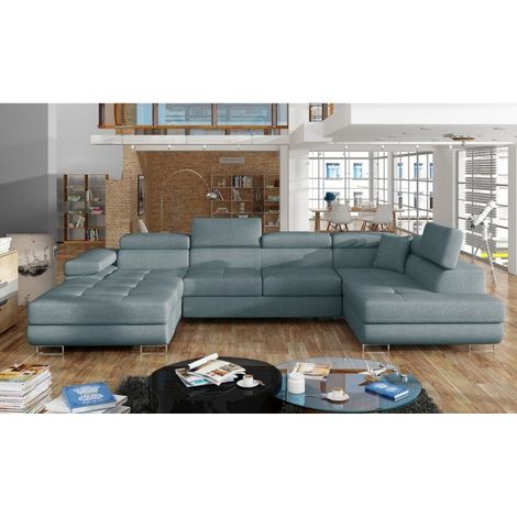 Canapé panoramique convertible ROMANO tissu - Rangement et appuie-têtes réglables à droite-Bleu clair-Coffre à droite (1/5)