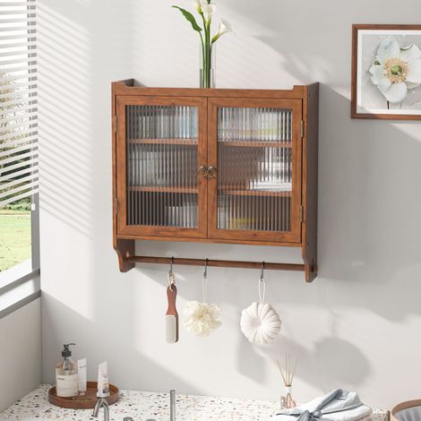 Pensile tre ripiani rimovibili 63x60x18cm Stile vintage montaggio a parete semplice da assemblare Marrone legno MDF vetro per bagno cucina
